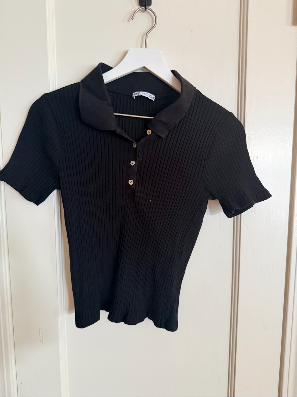 Zara Black Ribbed Short Sleeve Polo Tee Size XL